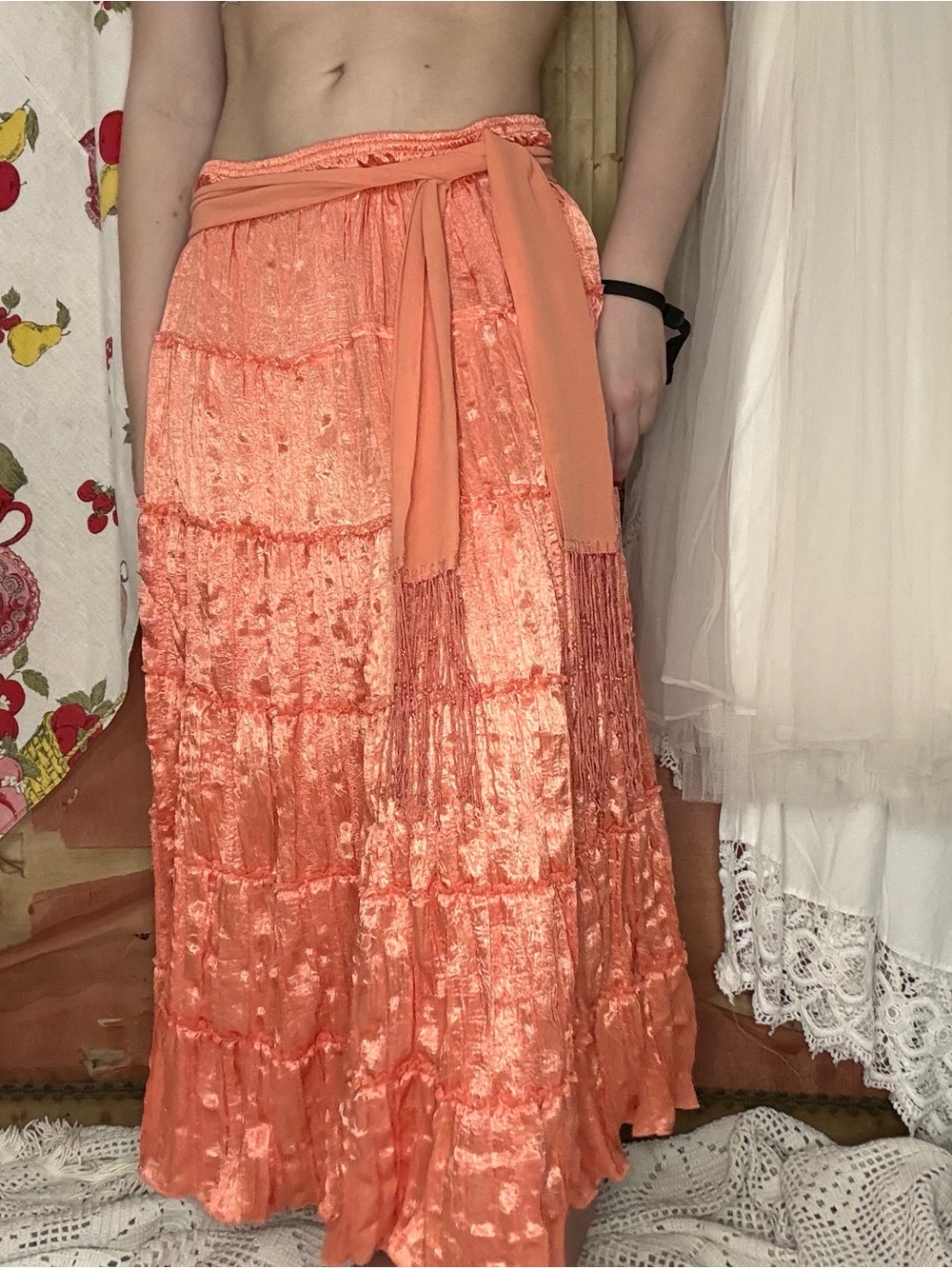 Y2K Tiered Maxi Skirt with beaded Sash